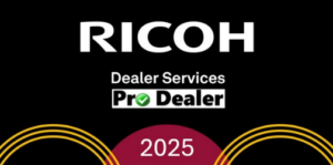 RICOH logo with "Dealer Services Pro Dealer" text and "2025," highlighting Barlop Business Systems' recognition in the office technology industry.