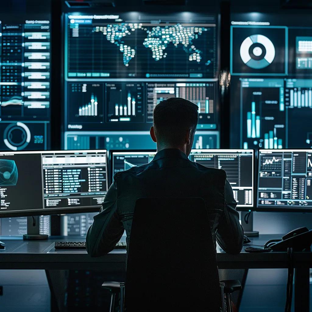 Cybersecurity professional monitoring threats in a high-tech control room
